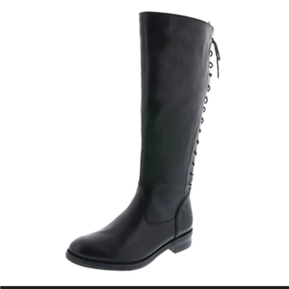 Black Bridget women Tall boots Size 6 Man Made Lining & Sole. Back Lacing.